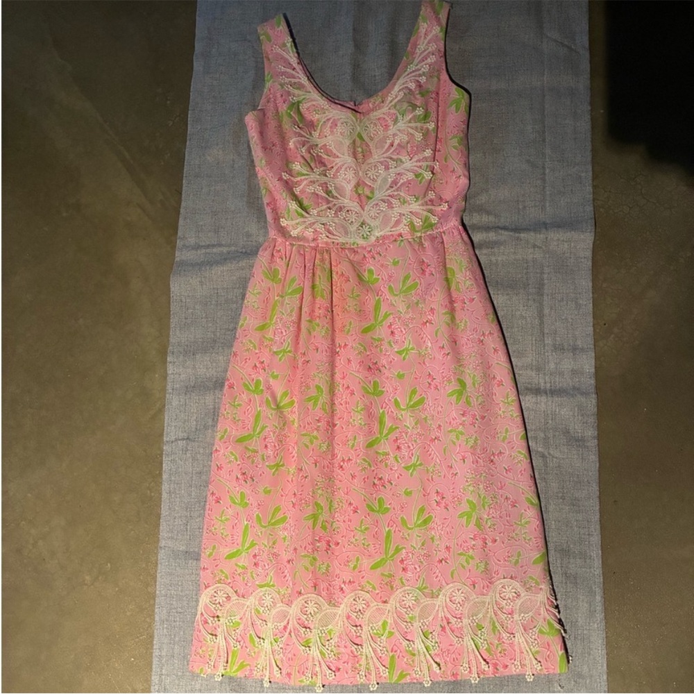 Lilly Pulitzer Pink and Green Floral Lace Dress VINTAGE 60s 70s RARE sz 10